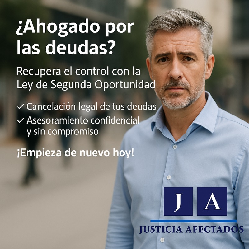 Consulta gratuita con abogado Segunda Oportunidad en Álava - Elimina tus deudas legalmente Hombre preocupado por sus deudas en anuncio de Justicia Afectados, que ofrece cancelación legal con la ley de segunda oportunidad en Álava, asesoramiento gratuito y confidencial.